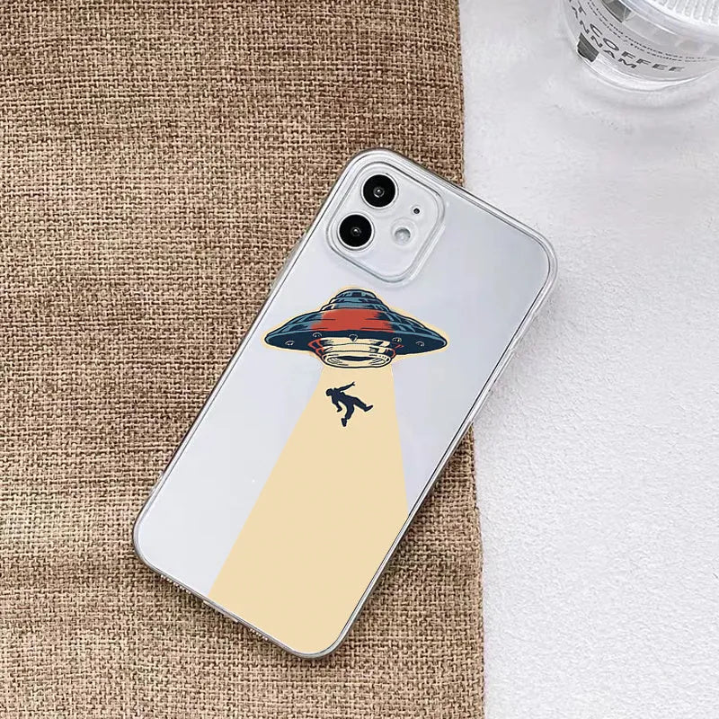 UFO astronaut transparent soft TPU phone case for Apple iPhone, all-wrapped anti-fall cover with clear astronaut design