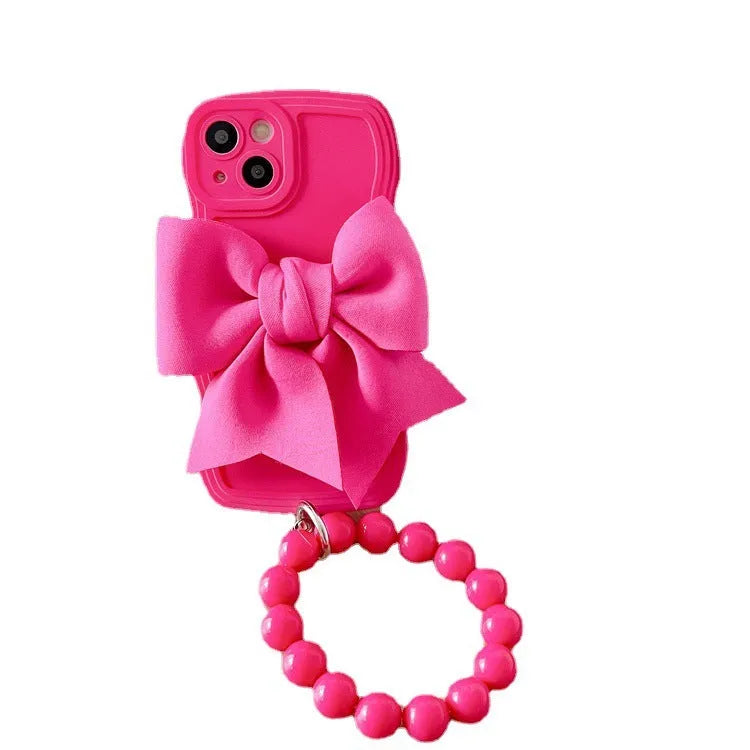 Rose Red silicone bow beads chain phone case for Samsung TPU back cover