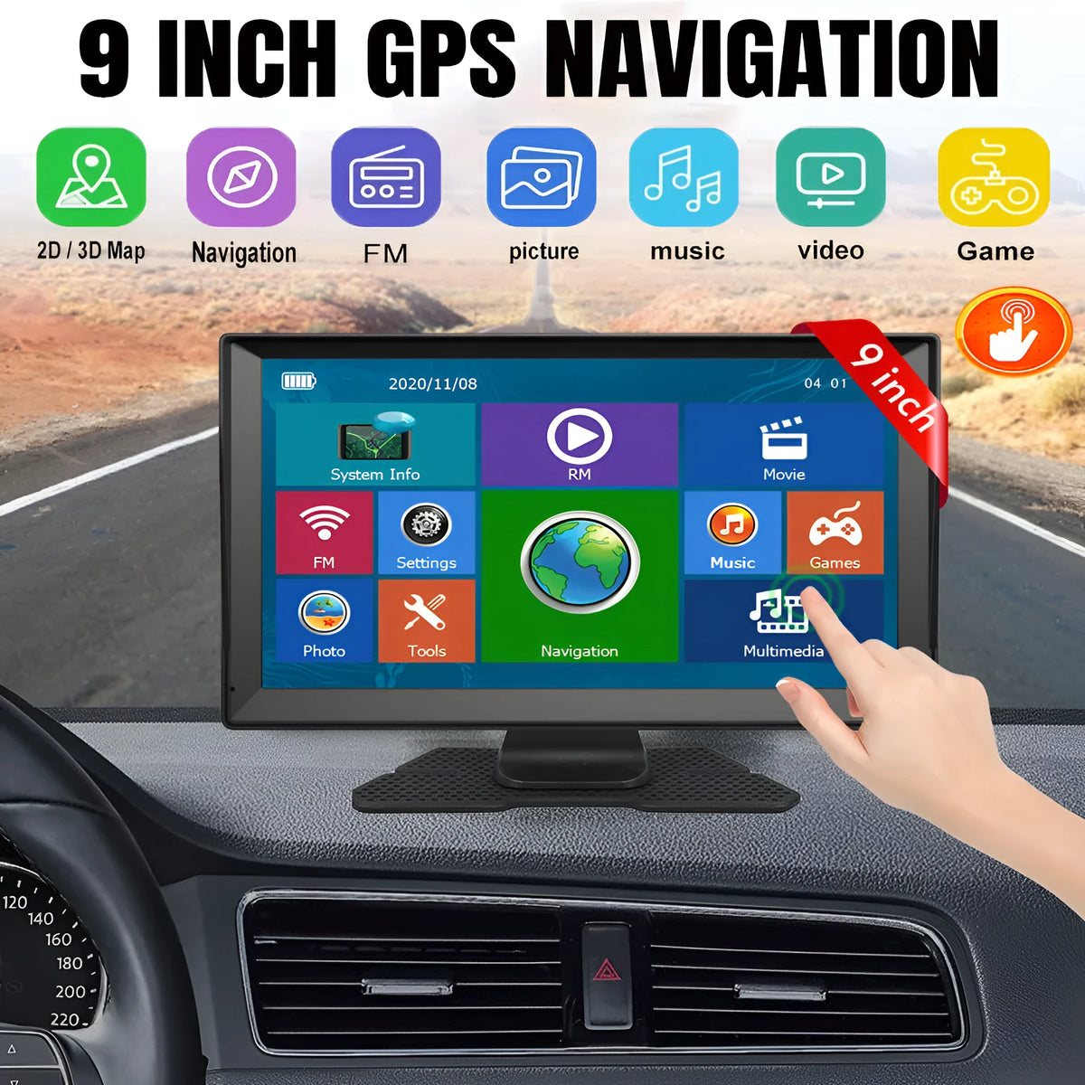 9 inch universal portable GPS navigator with 800x480 screen, ABS body, voice navigation and FM