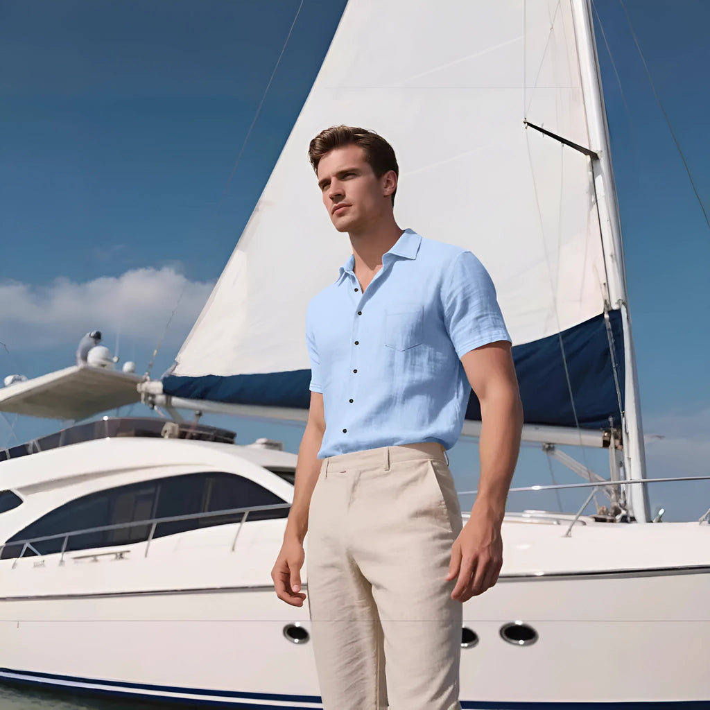 Men's loose fit linen short-sleeved cardigan shirt in cotton blend fabric, solid colour