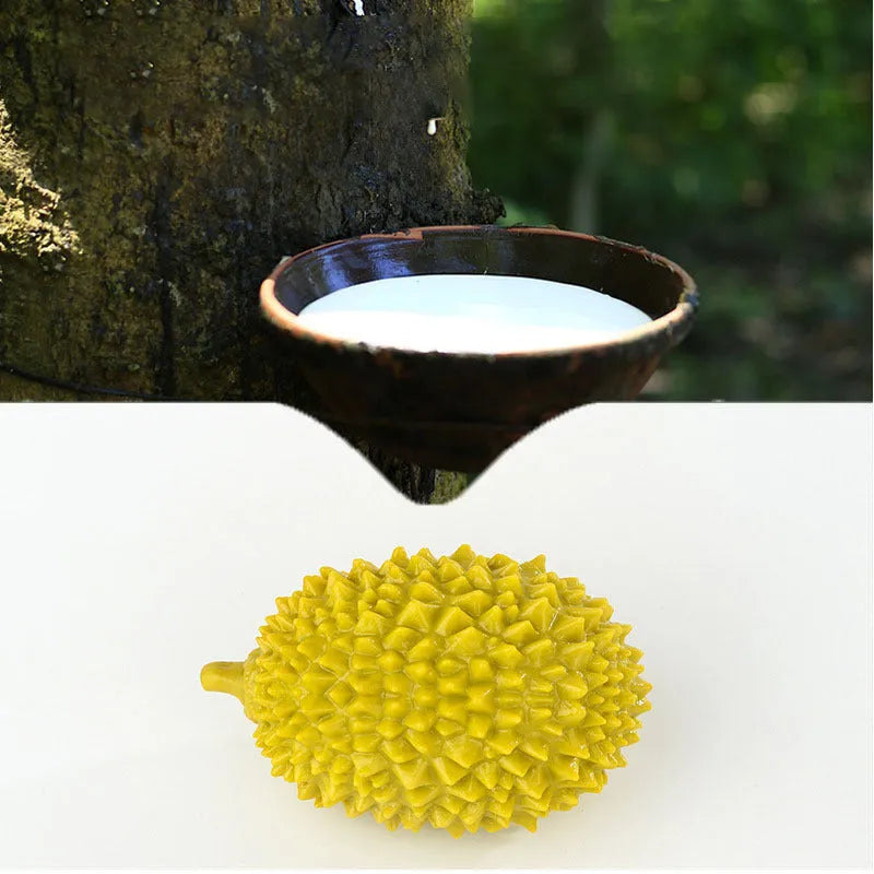 Beige, green and yellow durian-shaped dog chew toy with raised texture for dental cleaning