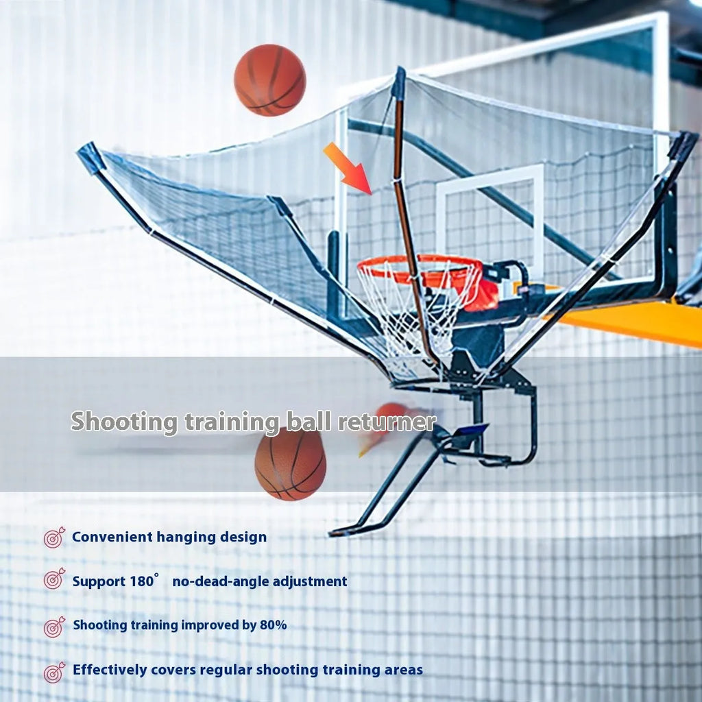 Portable automatic basketball ball return training aid on a court.