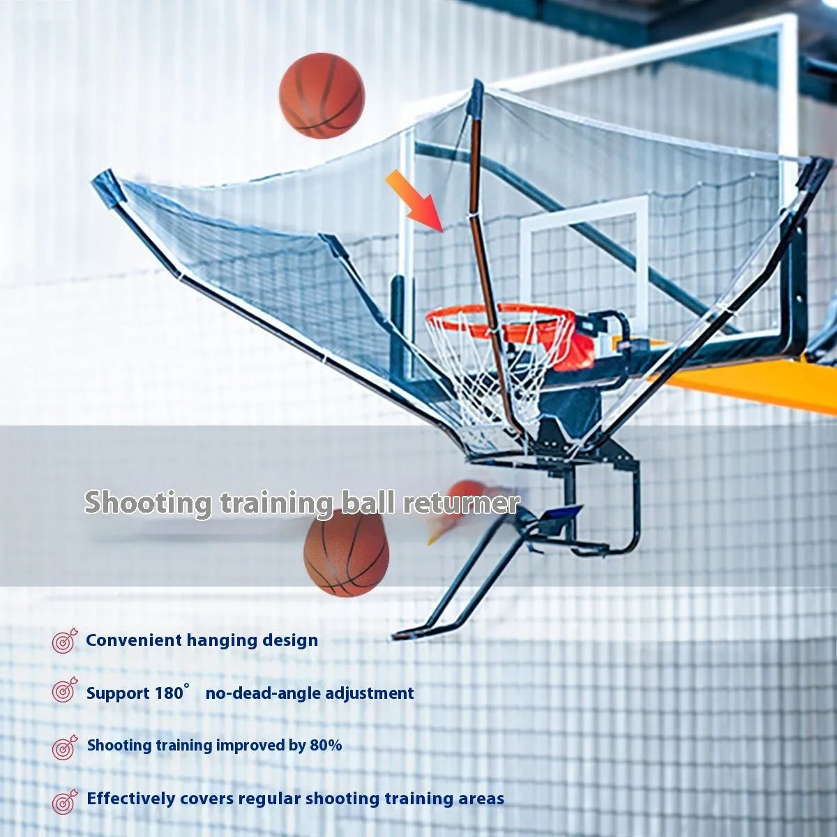 Portable automatic basketball ball return training aid on a court.