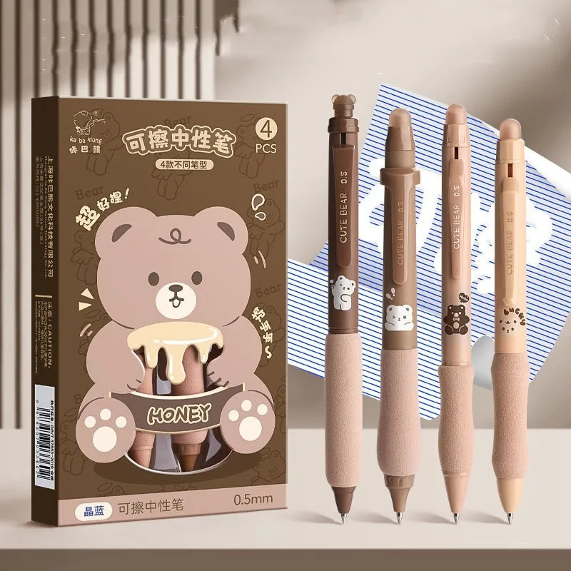 Cartoon-designed plastic gel pen with 0.5mm tip and erasable ink in black or blue.
