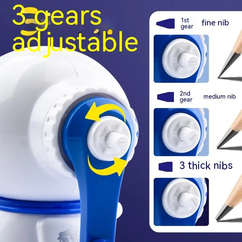 Blue cartoon astronaut manual pencil sharpener with anti-lead feature and adjustable levels