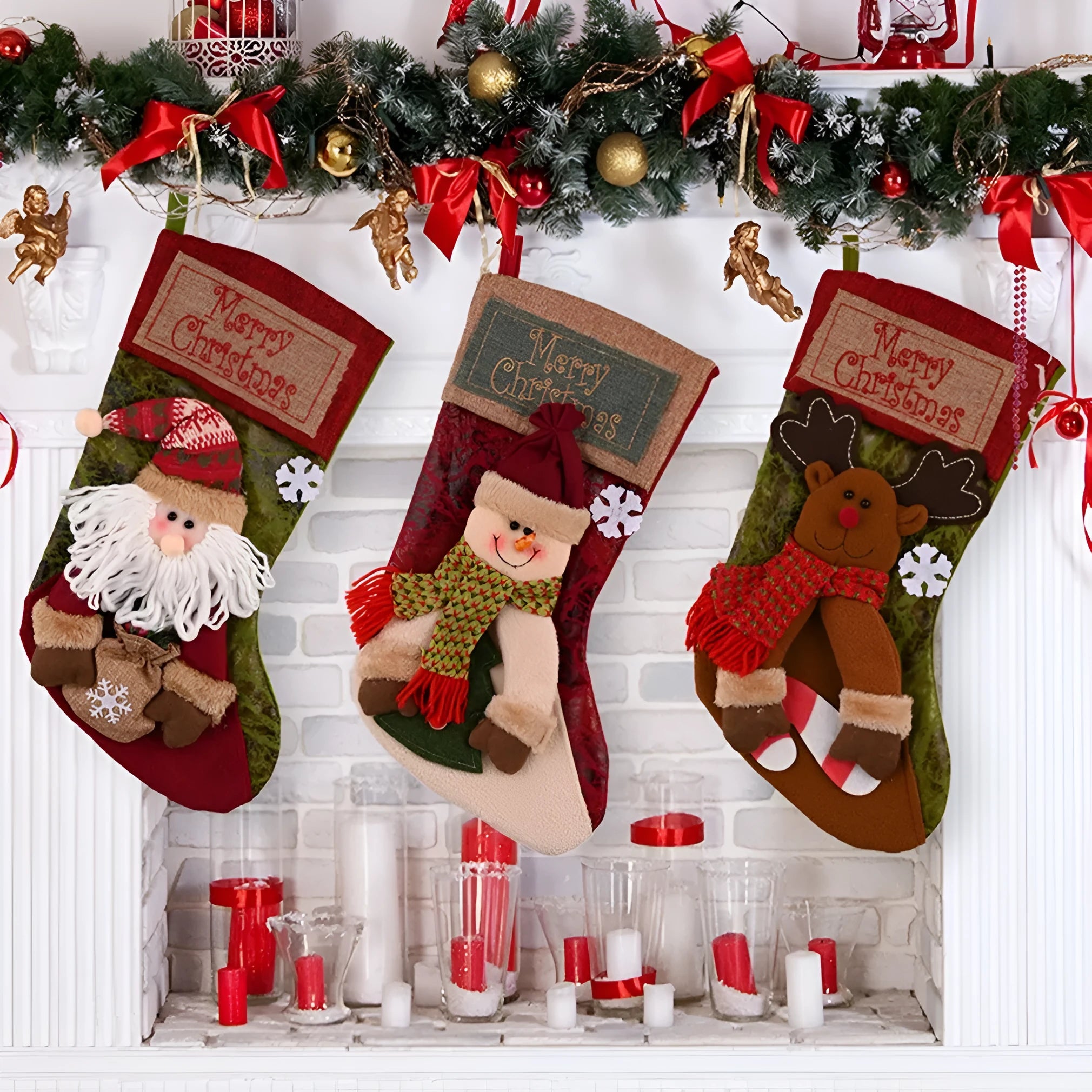 Cloth Christmas stocking with 3D applique design, sturdy hanging loop, and mixed colours for holiday decoration