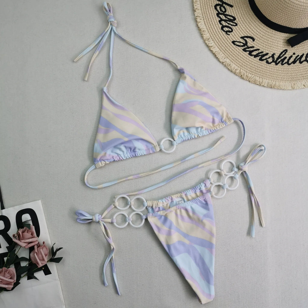 Women's split bikini swimsuit with lace-up detail, chest pad, printed polyester and solid colour nylon, sizes S M L
