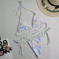 Women's split bikini swimsuit with lace-up detail, chest pad, printed polyester and solid colour nylon, sizes S M L