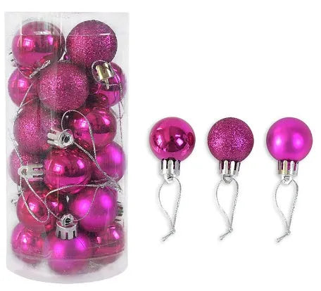 Assortment of 3cm diameter shiny matte plastic Christmas baubles in gold, red, silver, blue, and pink colours.