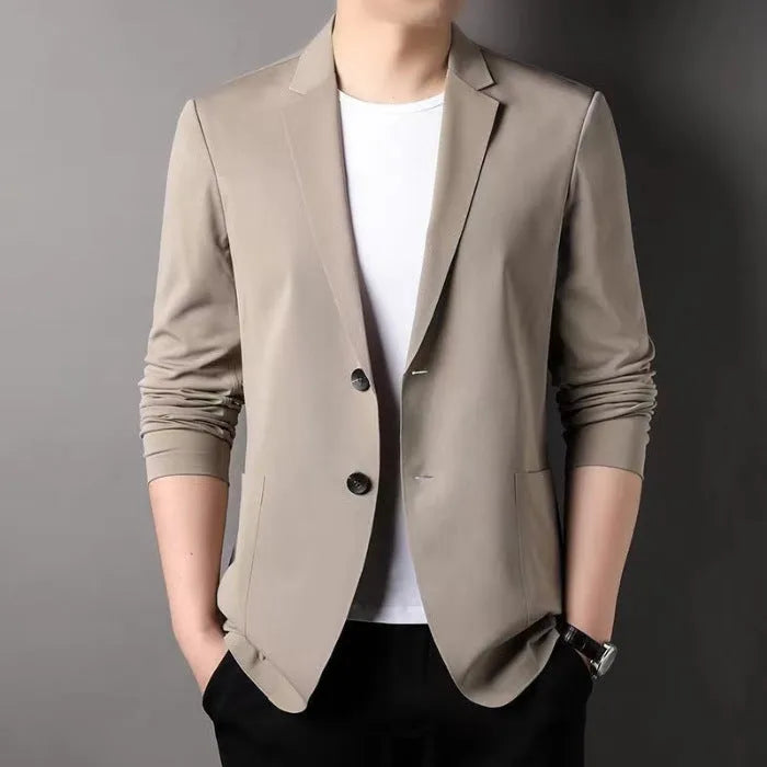 Men's slim-fit polyester business blazer in black with two-button closure, lightweight construction, size M to 7XL