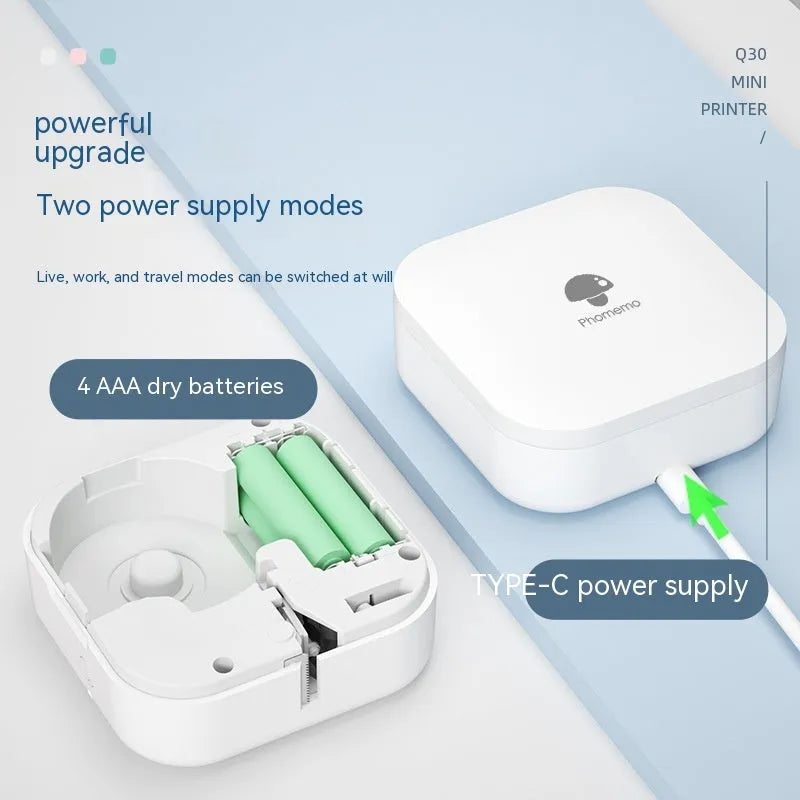 Q30 thermal mini label printer in green, compact size 82x82x32mm, with self-adhesive paper roll on white background