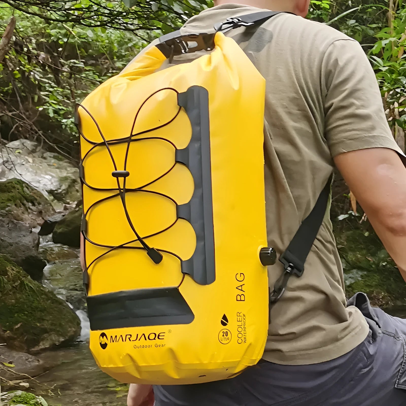 Yellow and black 20L waterproof backpack with dry wet separation for outdoor activities