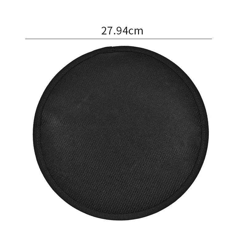 Black round fireproof barbecue mat, oil resistant and high temperature resistant, for camping and grilling, available in four sizes.