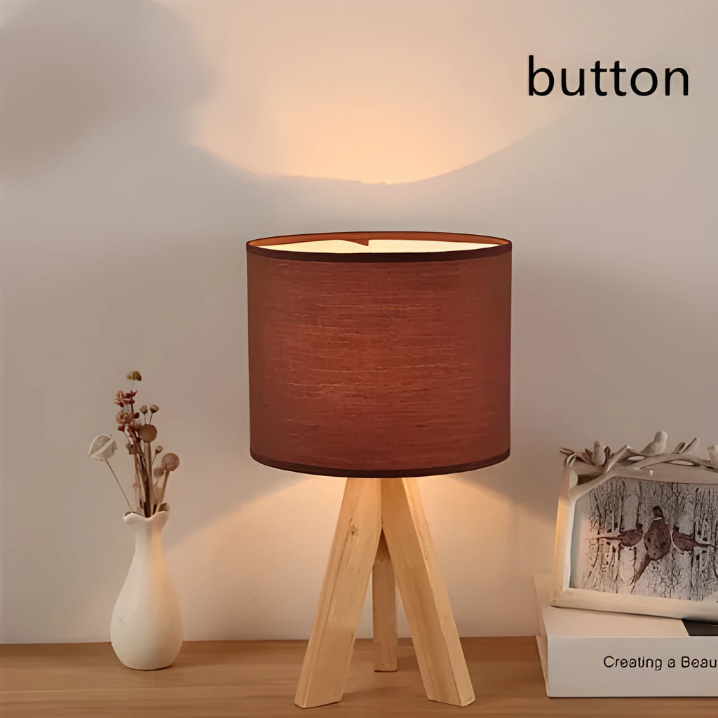 Japanese style solid wood table lamp with fabric lampshade in linen trumpet colour, bedside use