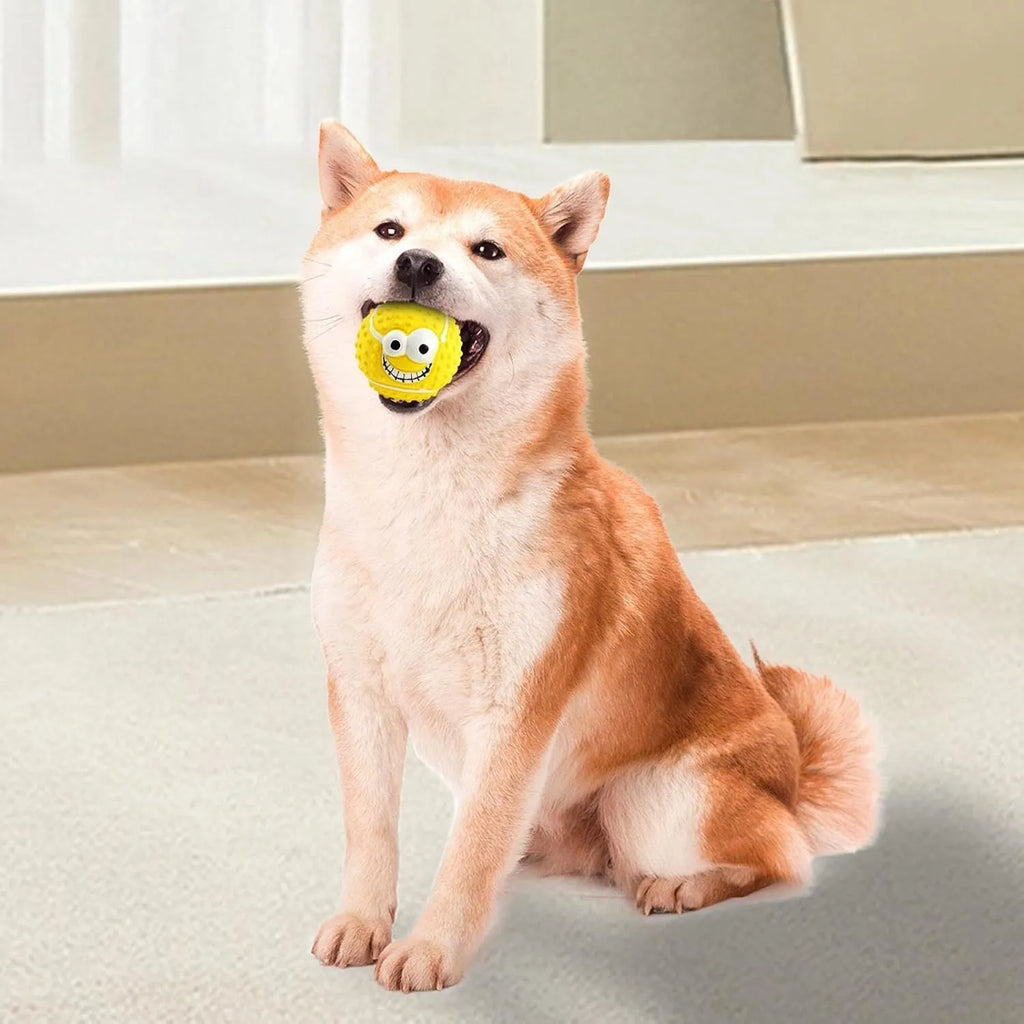 Green latex dog ball with smile face design showing squeaky chew toy