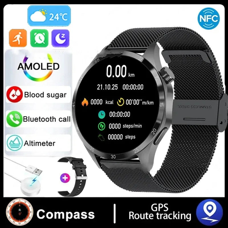 Black Bluetooth smartwatch with touch screen showing health stats, on silicone or Milan net strap.