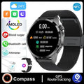 Black Bluetooth smartwatch with touch screen showing health stats, on silicone or Milan net strap.