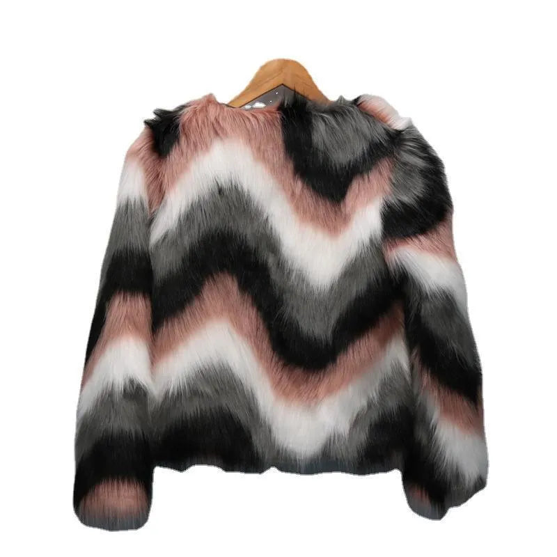 Korean style women's faux fur short coat with O-neck and long sleeves in picture colour.