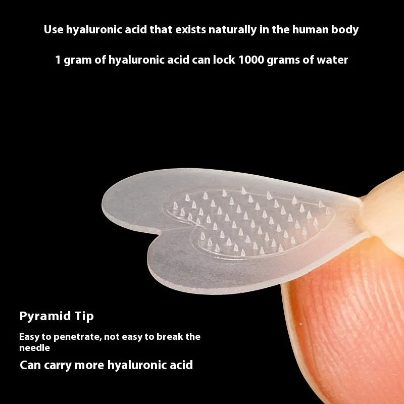 Nine transparent 14mm hyaluronic acid acne patches with microneedles in assorted pink designs