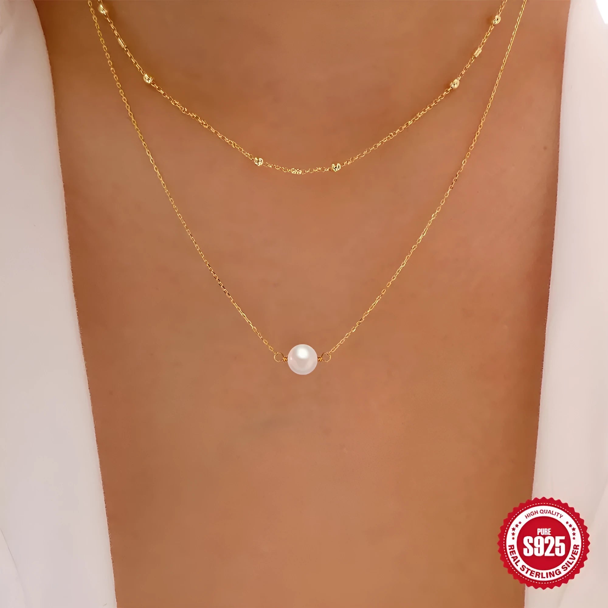 S925 sterling silver double layer pearl necklace with geometric pendant on a ball bead chain.