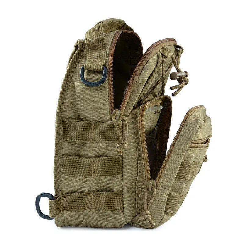 Small military tactical backpack with MOLLE webbing and camouflage design.