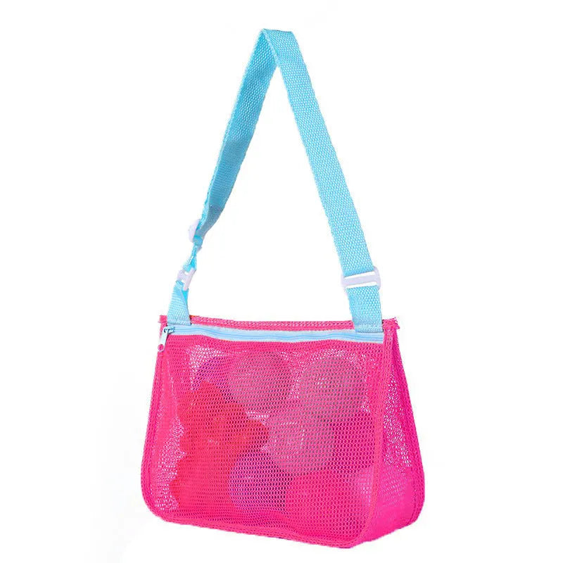 Blue nylon mesh travel storage bag with zip closure for children's toys and clothes