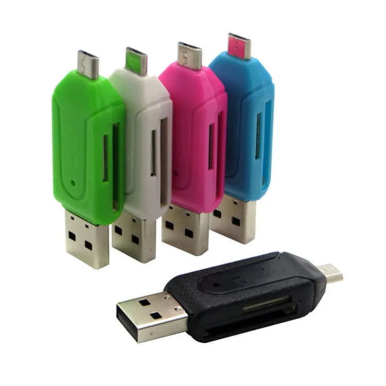 White micro USB OTG card reader for SD and TF memory cards next to an Android phone.