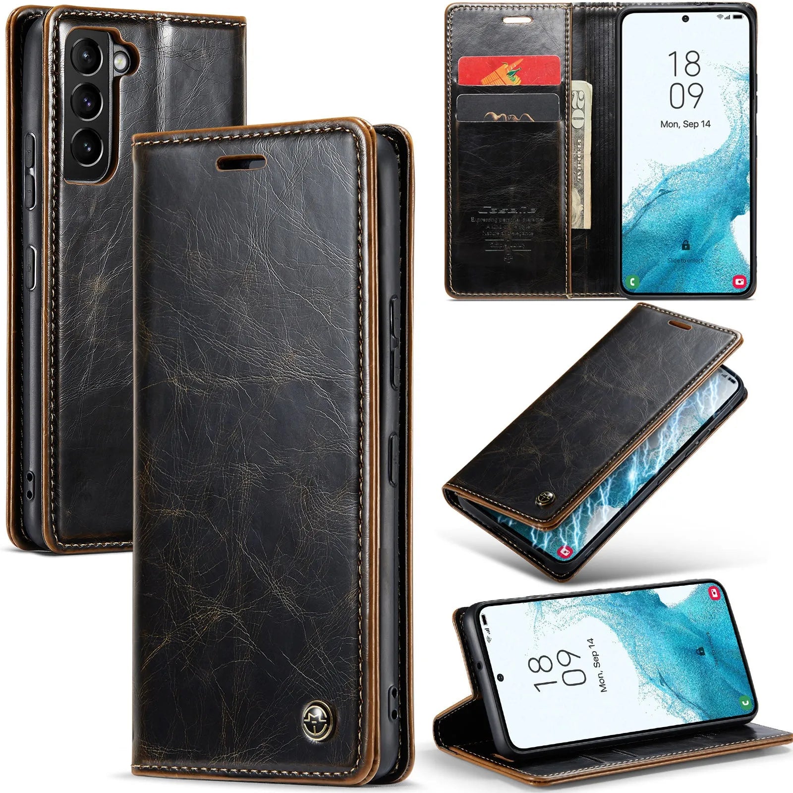Crazy Horse pattern card flip phone case for Samsung A55 in black PC leather