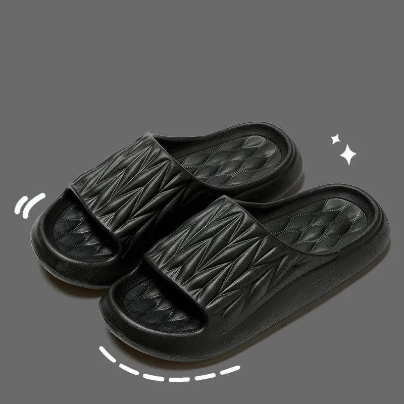 Leaf texture patterned EVA slippers for indoor household use, shown in various colours.