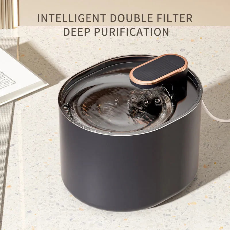 Automatic pet water fountain with USB cable, showing detachable bowl, pump, and filter in Berlin Blue colour.
