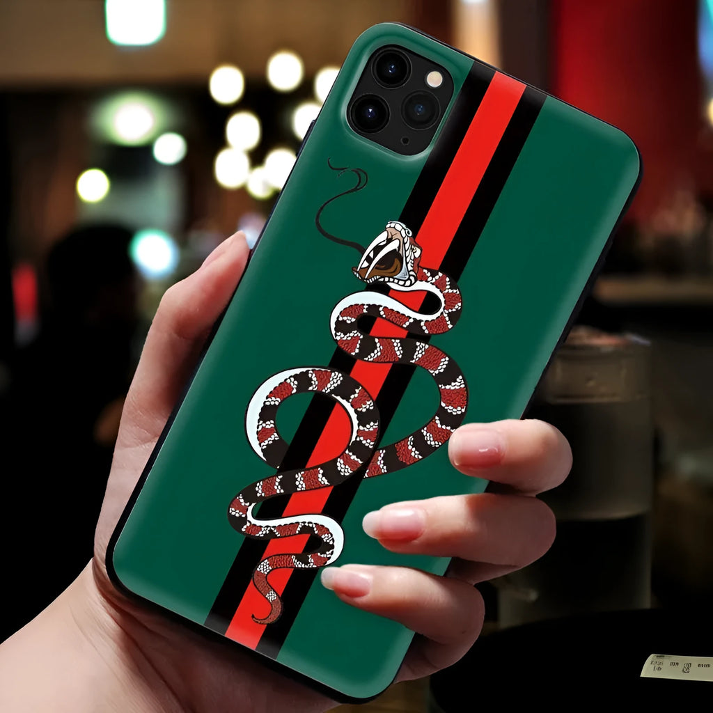 Black frosted soft silicone iPhone case with a cartoon snake UV painting design on the back.