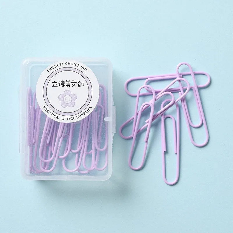 Macaron colour alloy paper clips in pink, purple, and green, large 50mm and small 28mm sizes