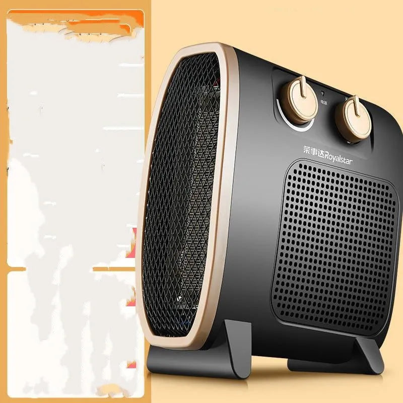 White electric fan heater with mechanical dial controls and grill.