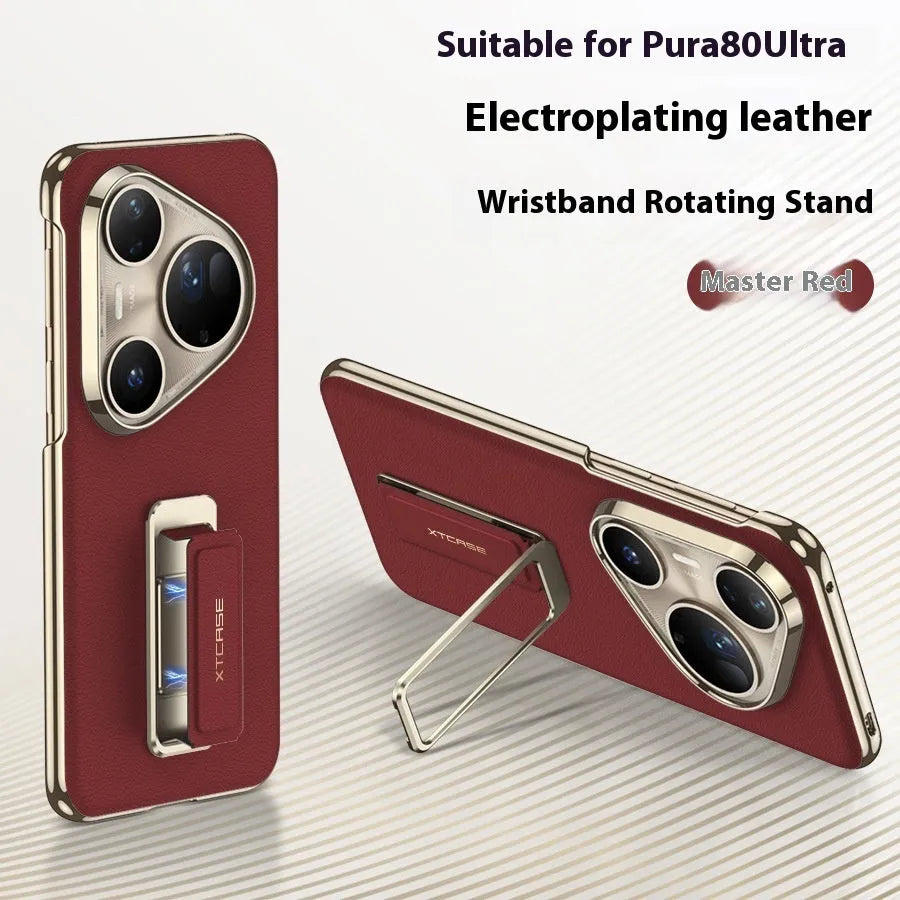 Imitation leather Huawei Pura phone case with a rotating wrist strap bracket in gold, red, and black colours.