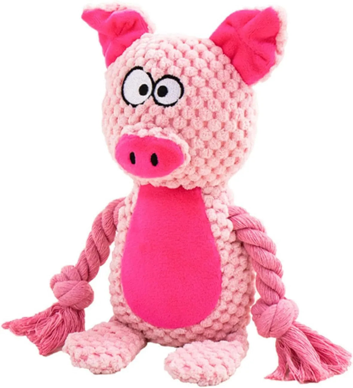 Plush animal dog toy with cotton rope, shown in elephant, fox, monkey, pig, and rabbit designs.