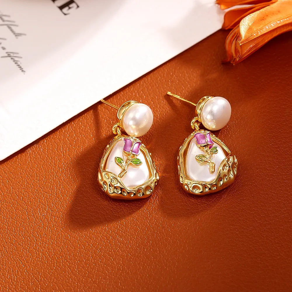 Rose baroque pearl stud earrings copper base pearl inlay geometry shape