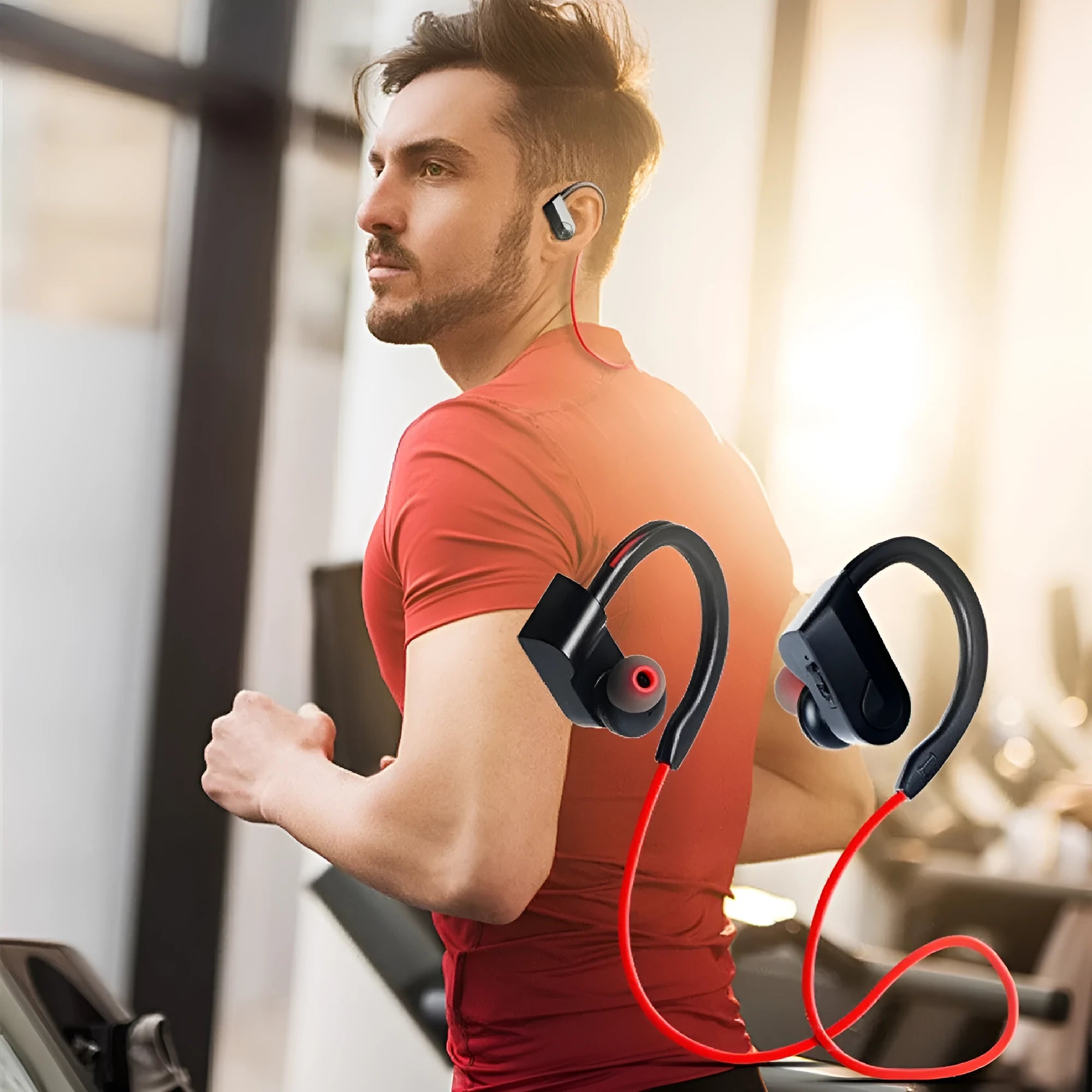 Black wireless neckband Bluetooth earphones with in-ear buds and a USB charging cable.