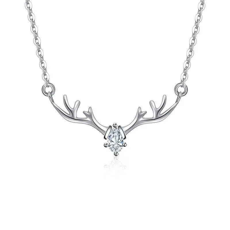 Women's Korean simple deer pendant necklace copper electroplated O-link chain adjustable 41-50cm blue stone finish