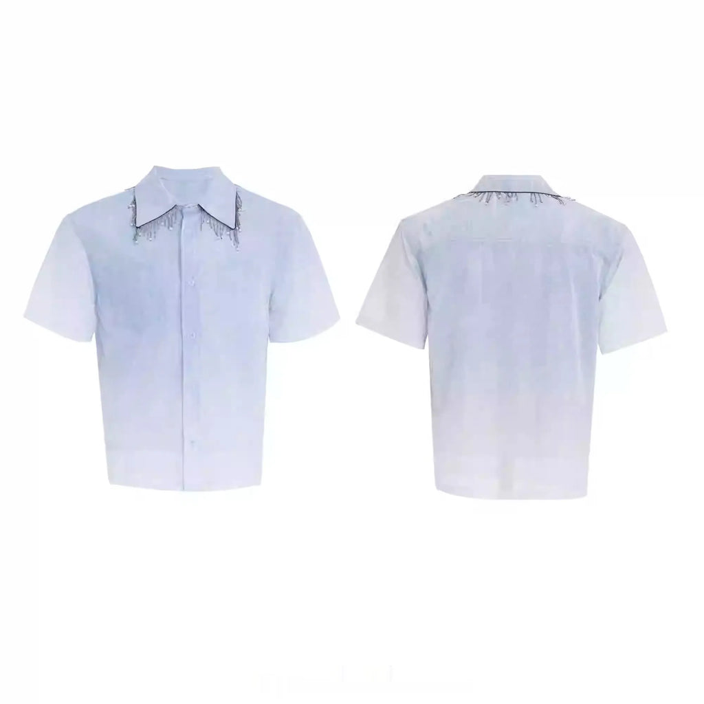 Man wearing a blue and white gradient loose-fit casual half-sleeve summer shirt