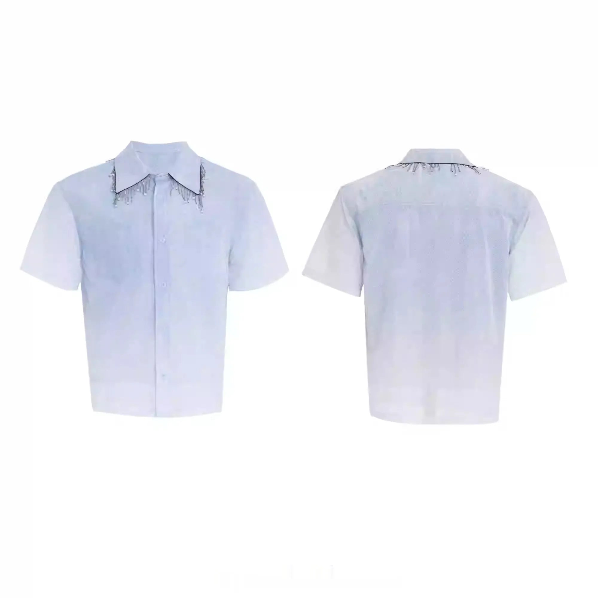 Man wearing a blue and white gradient loose-fit casual half-sleeve summer shirt