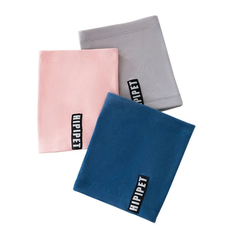 High elastic pet scarf with letter pattern in blue or pink, sizes S M L for small to large pets.