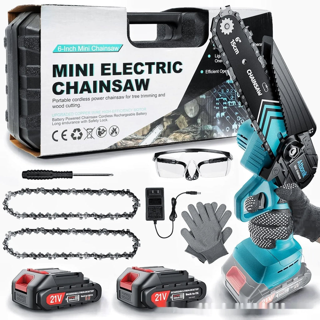 Cordless handheld mini electric chainsaw with 6-inch chain, two batteries, charger, safety goggles, gloves, and storage box