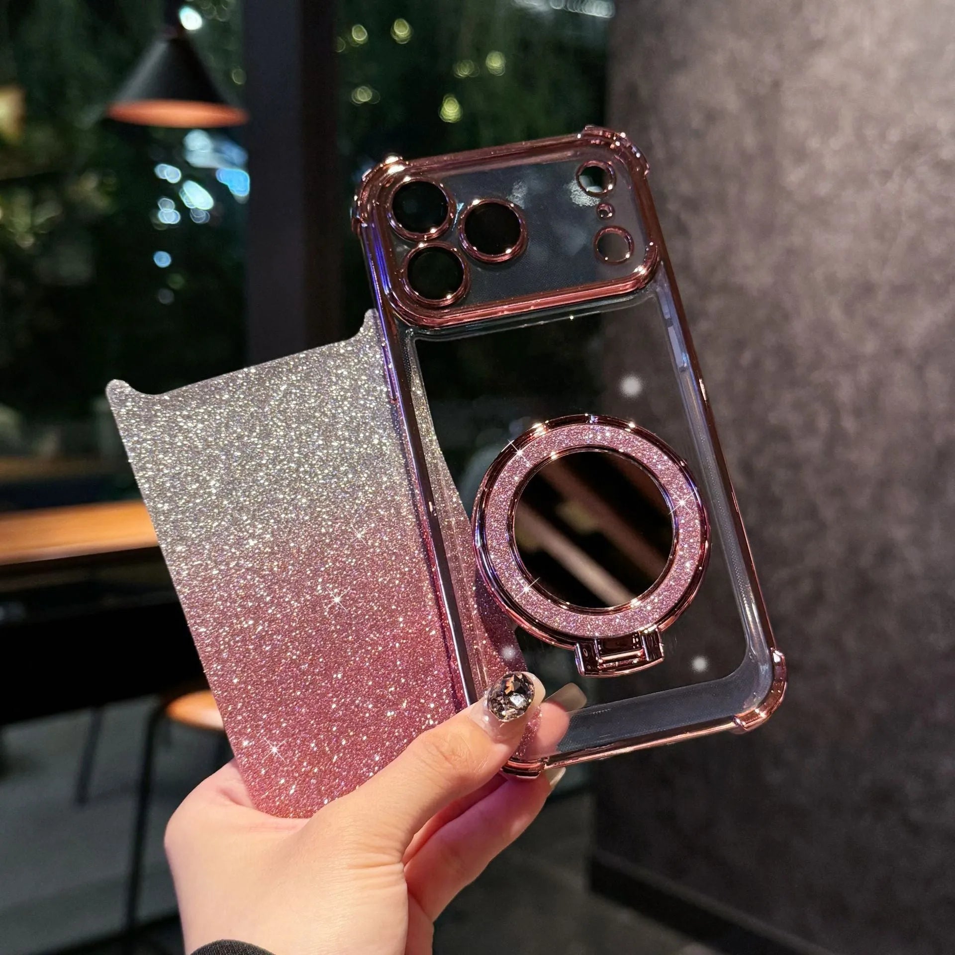 Glitter mirror magnetic bracket TPU phone case for iPhone 17 series in multiple colours showing reflective gradient finish