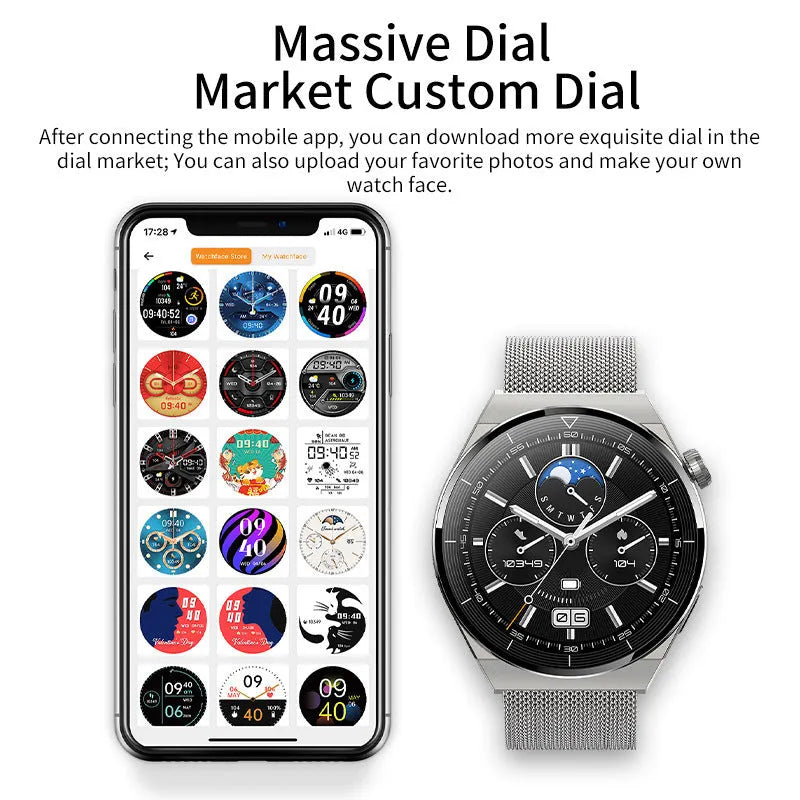 Black and silver smartwatch with silicone strap showing a heart rate monitoring display on its touchscreen.