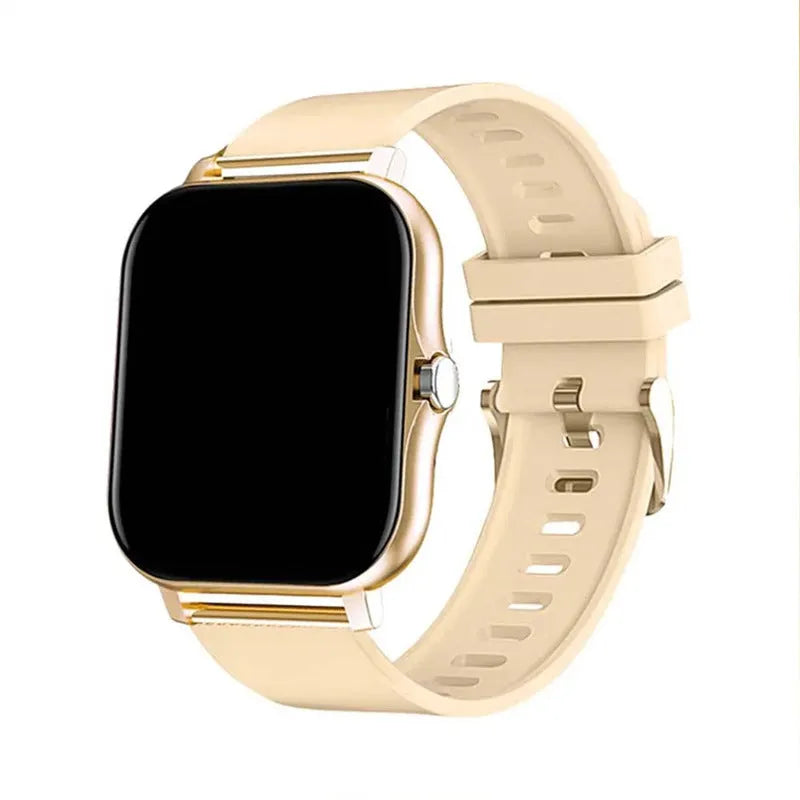 Smart watch with 1.44-inch colour touch screen displaying a heart rate graph, with a black steel strap on a wrist.