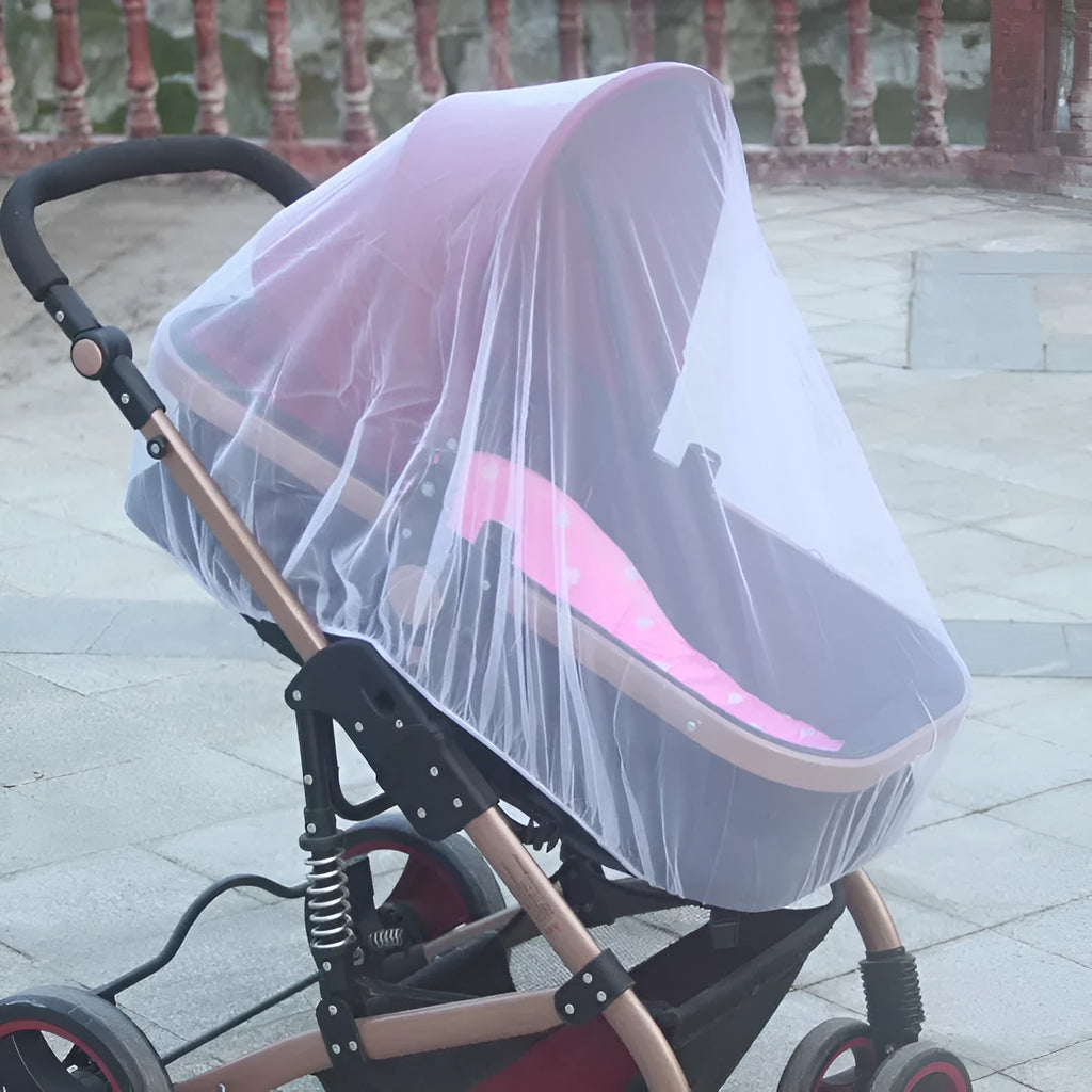 Baby stroller mosquito net full cover in black stretched over a pushchair showing elasticated edge