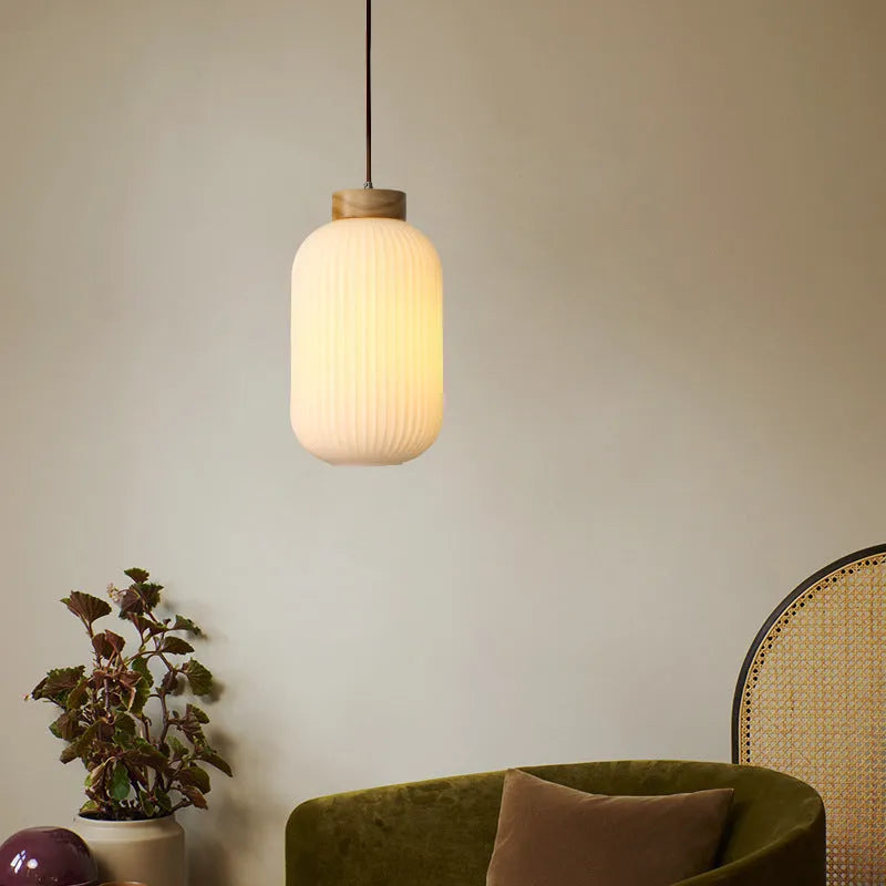 Retro Nordic style wooden pendant light with three size options and neutral, warm, or white light colours