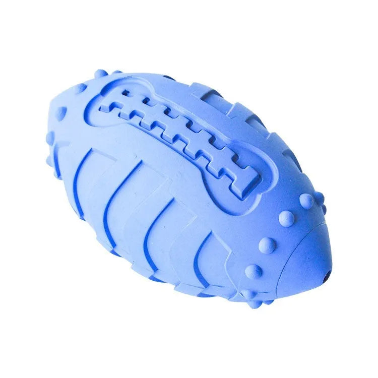 Sapphire blue rubber dog training ball with rugby shape for interactive play and teeth cleaning
