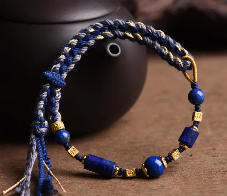 Hand-woven ethnic watch band in flexible wire with Hongfei Ebony and Lapis Lazuli colour options