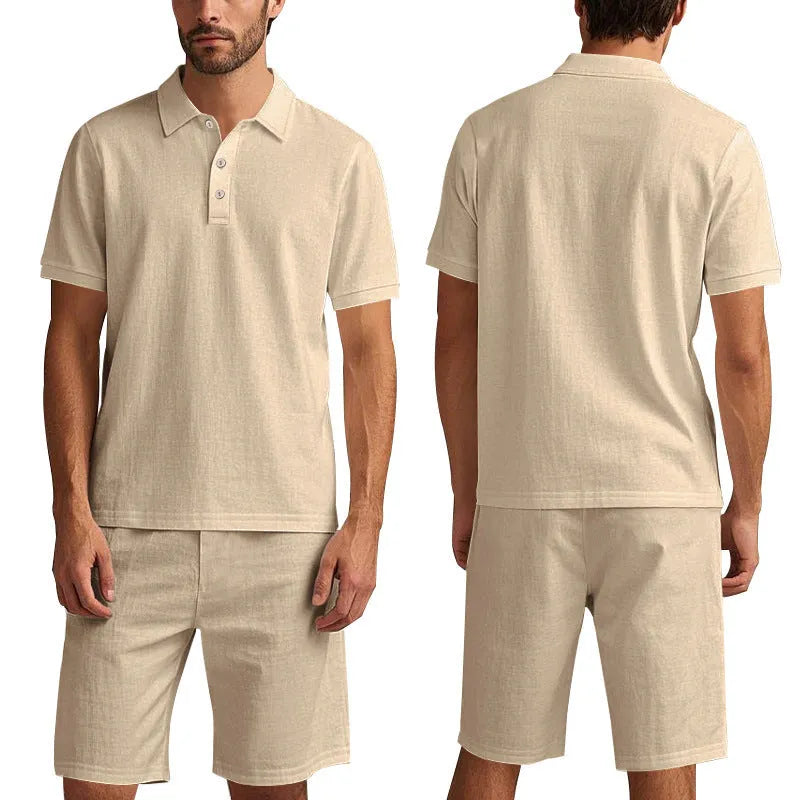 Men's loose casual summer short suit in linen-blend fabric with short sleeves and matching beach shorts